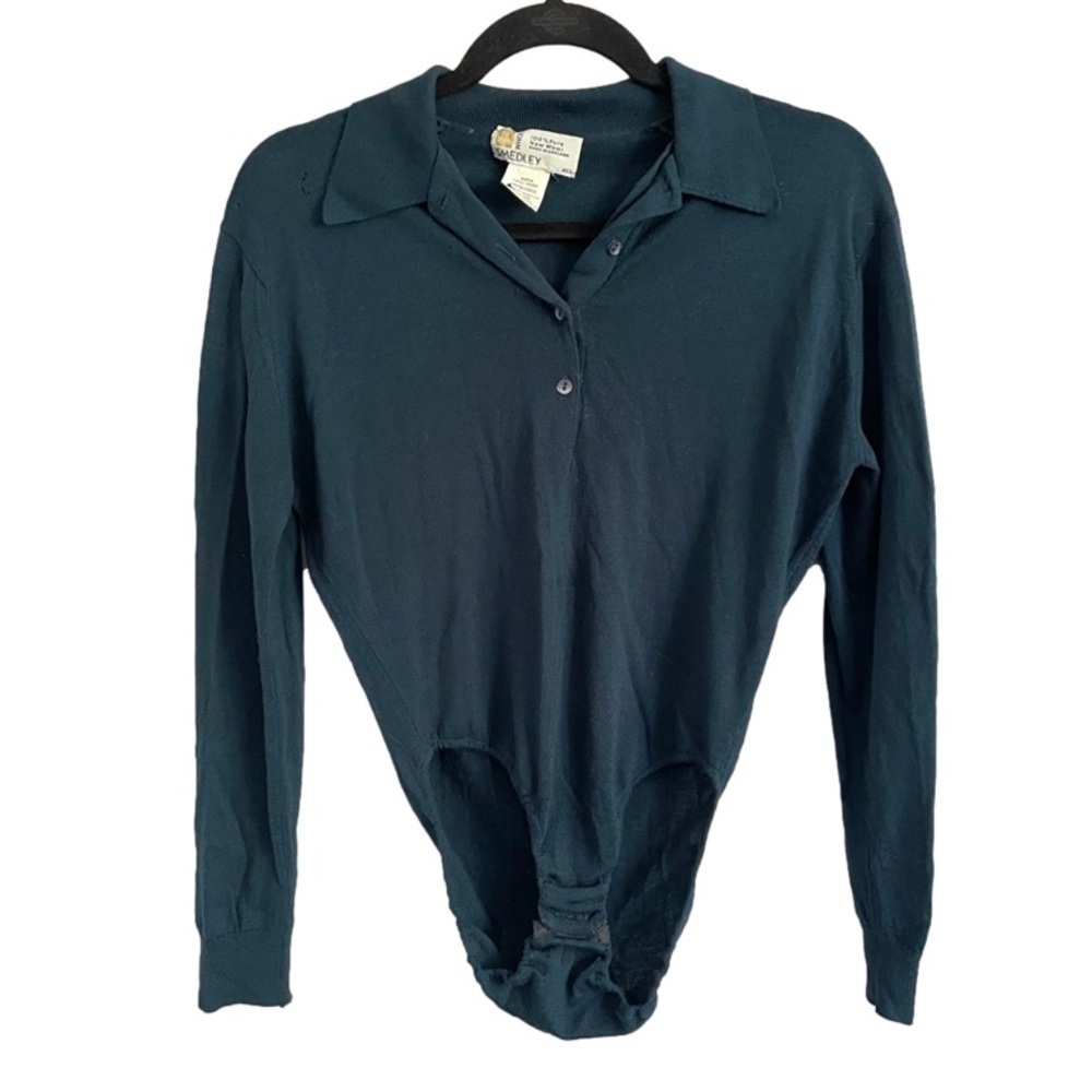 Vintage John Smedley Teal Wool Long Sleeve Polo Bodysuit - S 🇬🇧 - Picture 3 of 10